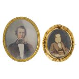 Two mid Victorian brooches. One an oval frame with an ambrotype portrait of a man to the central