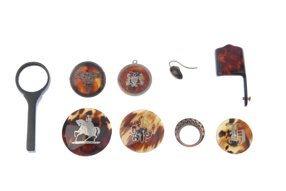 A selection of late 19th century pique tortoiseshell jewellery, panels and fittings. To include a - Image 3 of 3
