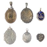 A selection of late Victorian lockets. To include two oval-shape lockets with scroll and floral