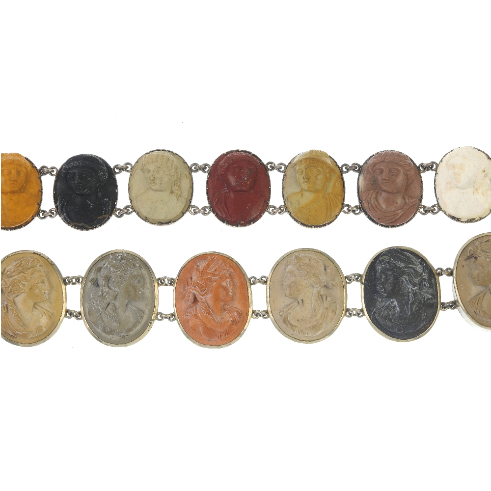 A selection of lava cameo jewellery. To include two bracelets each comprising oval panels