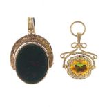 Two swivel fobs. The first of oval-outline, with carnelian to one side and bloodstone to the