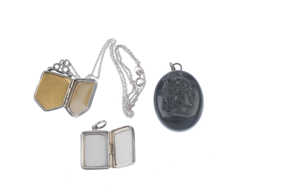 Three late 19th century lockets. To include an oval-shape vulcanite locket, with central overlaid - Image 2 of 2