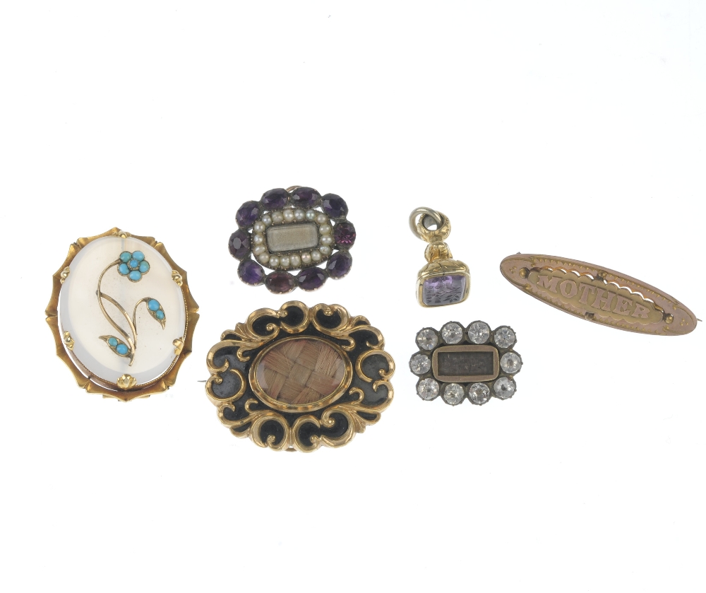 A selection of late Victorian jewellery. To include a  brooch, the white chalcedony with applied - Image 2 of 2