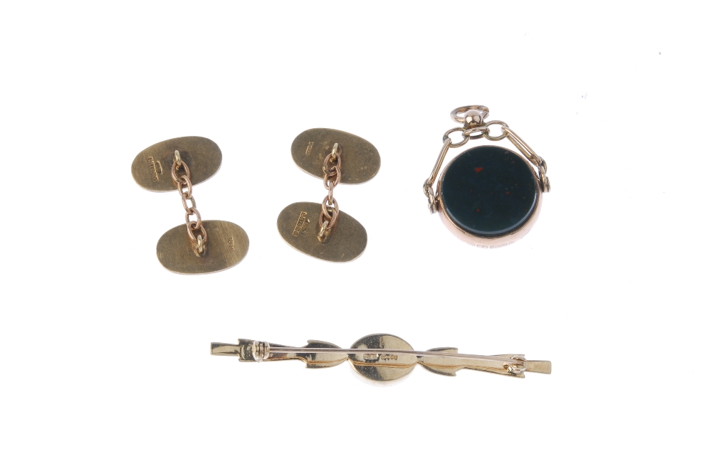 A selection of gold jewellery. To include a bar brooch, the central oval-shape cabochon Blue John to - Image 2 of 2