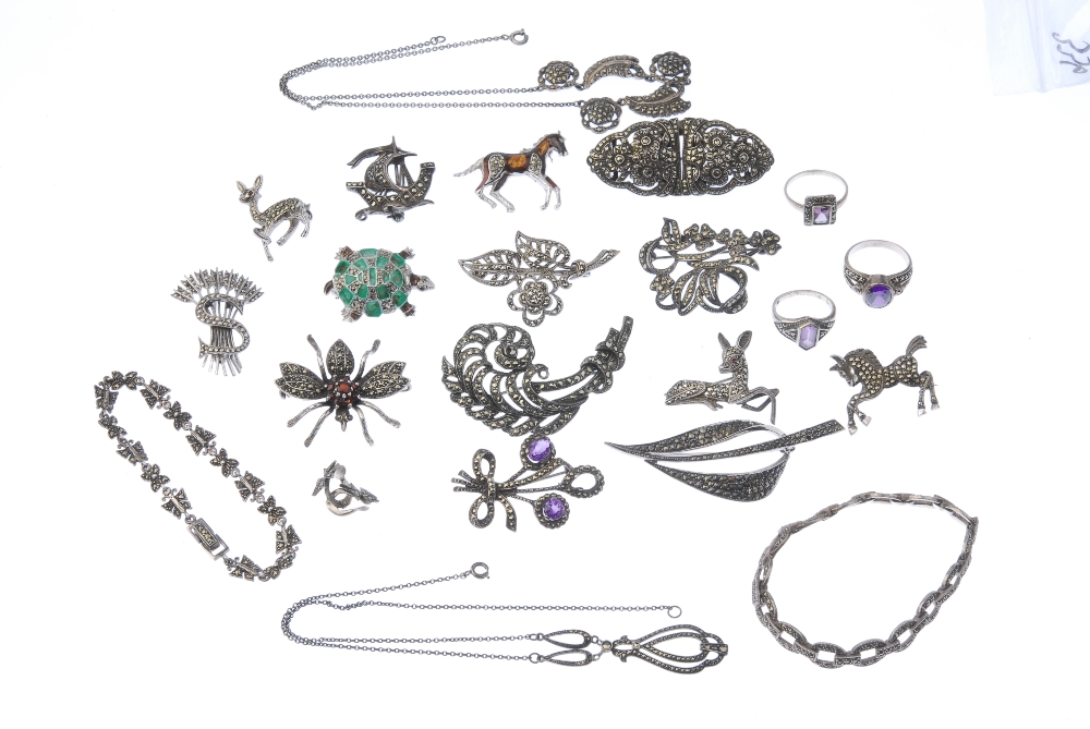Twenty-three items of marcasite jewellery. To include a double clip, together with a brooch in the - Image 2 of 2