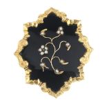 A late Victorian 9ct gold enamel and split pearl memorial brooch. The black enamel panel and