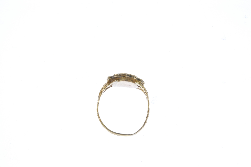 A late Georgian 18ct gold composite ring. The rectangular blue stone to the acanthus surround and - Image 3 of 3