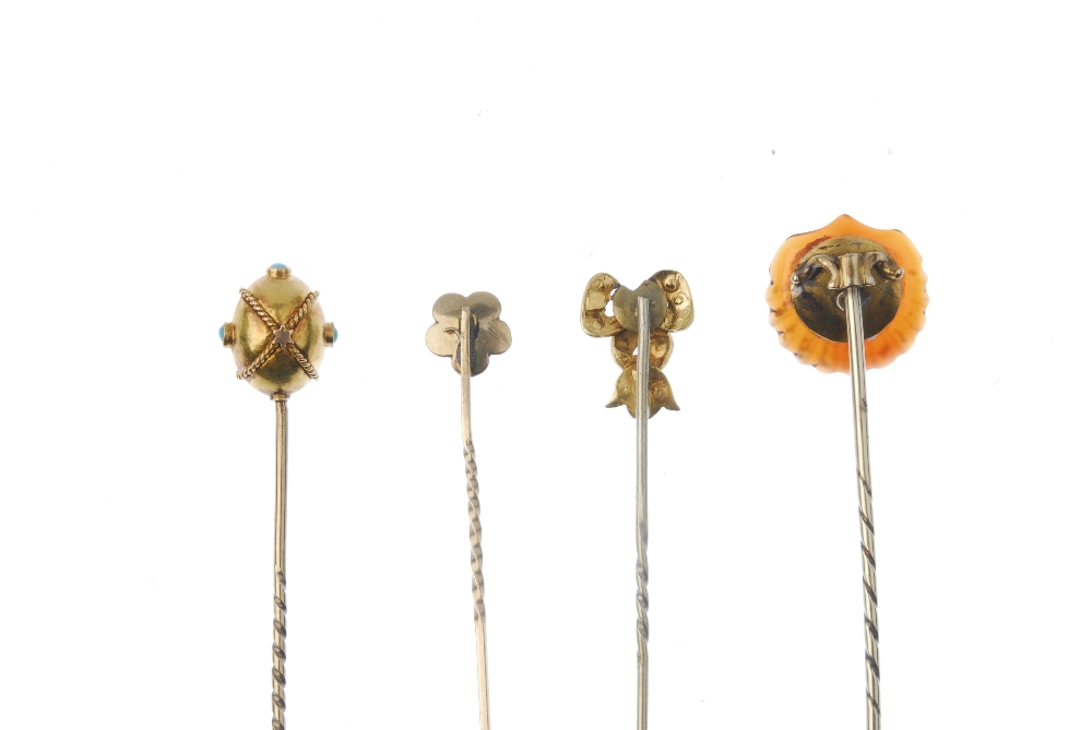 A selection of four late 19th to early 20th century gold gem-set stickpins. To include a pearl and - Image 2 of 3