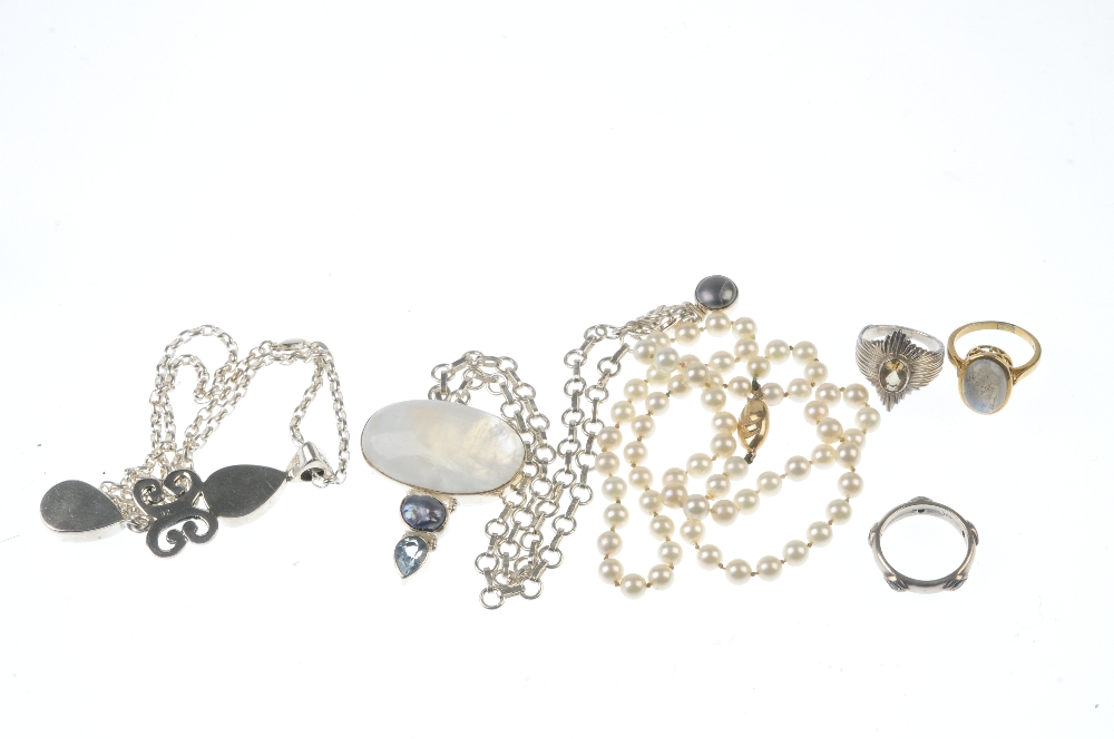 A selection of gem jewellery. To include a labradorite ring, the oval cabochon collet-set to an open - Image 2 of 2