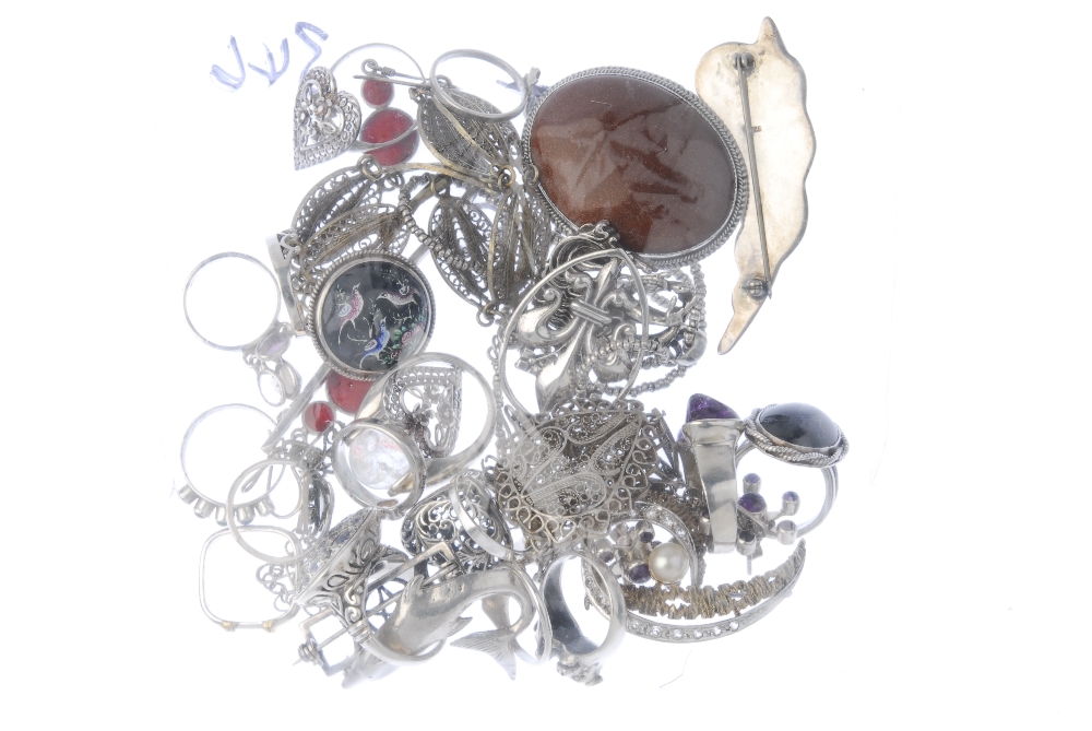 A selection of silver and white metal jewellery. To include a filigree work bracelet, the seven - Image 3 of 3