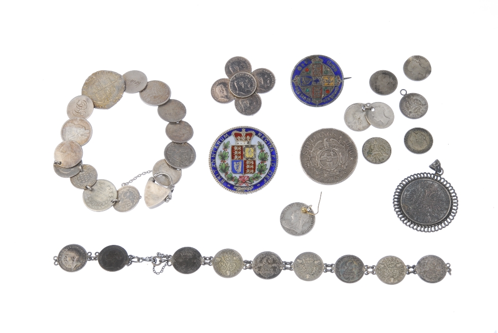 A selection of mid 19th to early 20th century coin jewellery. To include a mid Victorian enamelled - Image 3 of 3
