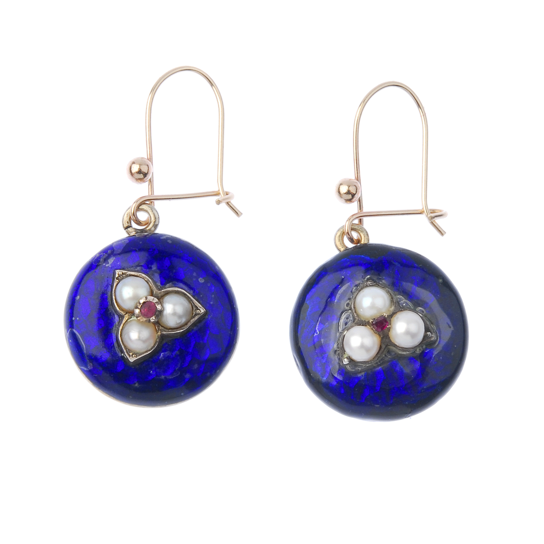 A pair of gem-set and enamel ear-pendants. Each designed as a circular-shape blue enamel panel, with