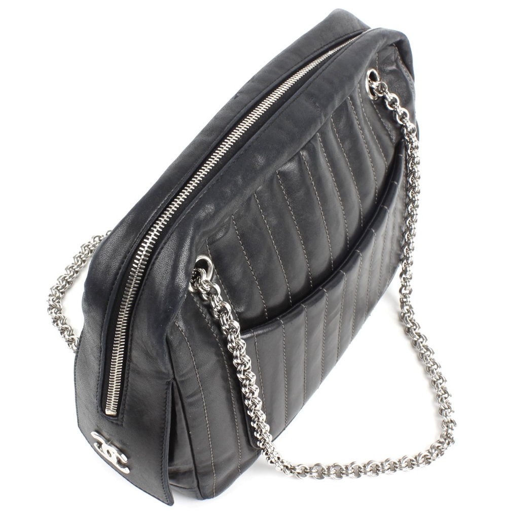 CHANEL - a pinstripe leather bag. In black leather, with grey stitched parallel lines, two outer - Image 3 of 7