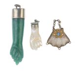 Two gem hand pendants and a late 19th century mother-of-pearl hinged purse pendant. To include an