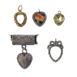 A selection of five mid to late Victorian heart-shape memorial pendants. To include a moss agate