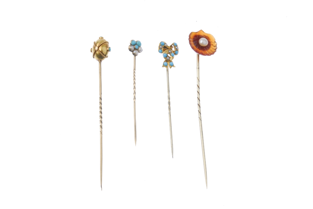 A selection of four late 19th to early 20th century gold gem-set stickpins. To include a pearl and - Image 3 of 3