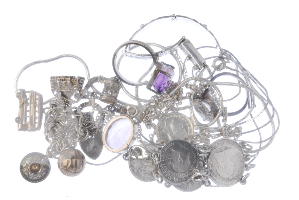 A selection of silver and white metal jewellery. To include an amethyst ring and a silver double - Image 2 of 2