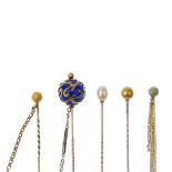 A selection of stickpins. To include a late 19th century blue paste orb stickpin, with overlaid
