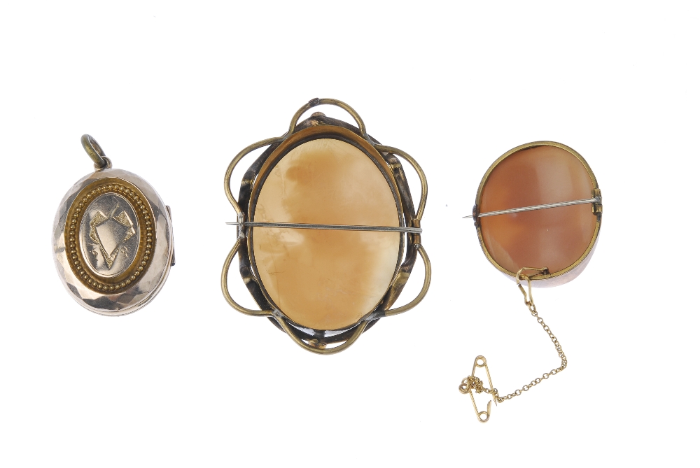 Two cameo brooches and a locket. The locket of oval outline, with a seed pearl and green gem-set - Image 2 of 2