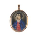 A mid Victorian hand painted miniature memorial pendant. Attributed to Thomas Rosmond, of oval