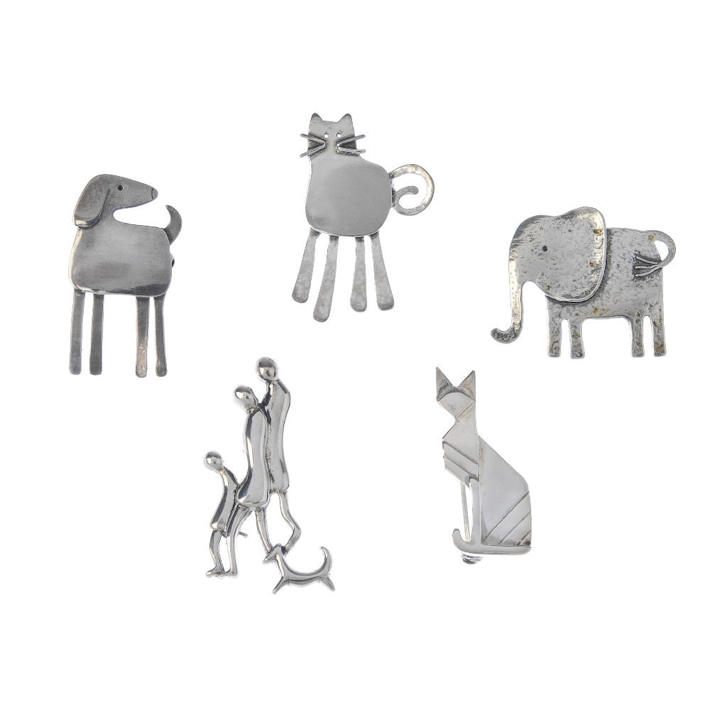 A selection of silver and white metal jewellery. To include a selection of brooches designed as