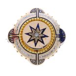 A late Victorian gold enamel and diamond memorial brooch. Of circular outline, the central
