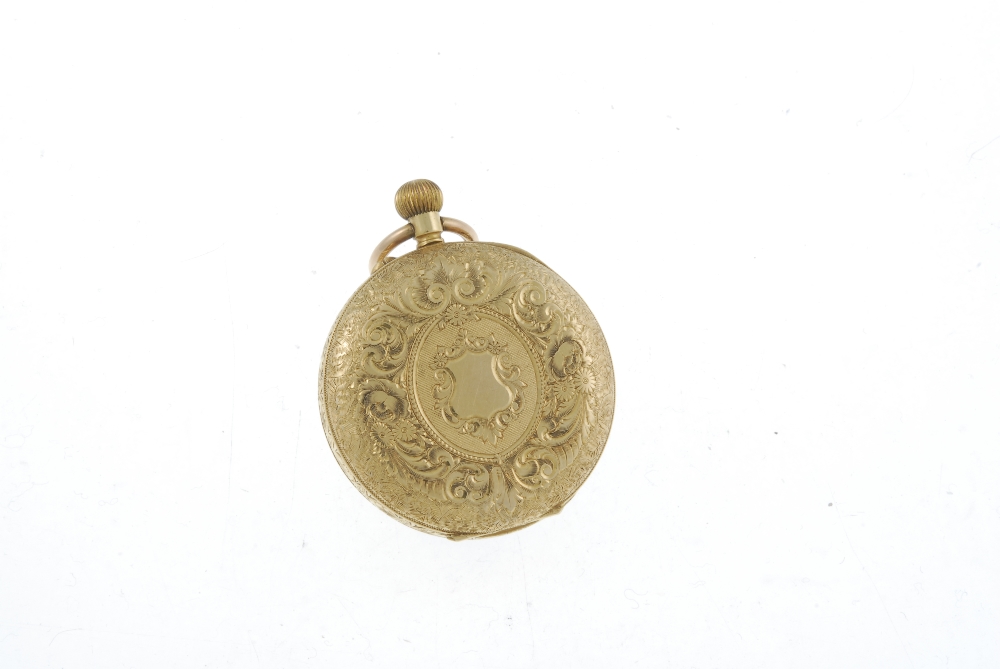 An open face pocket watch. Yellow metal case, stamped 18K with poincon. Unsigned keyless wind - Image 2 of 4