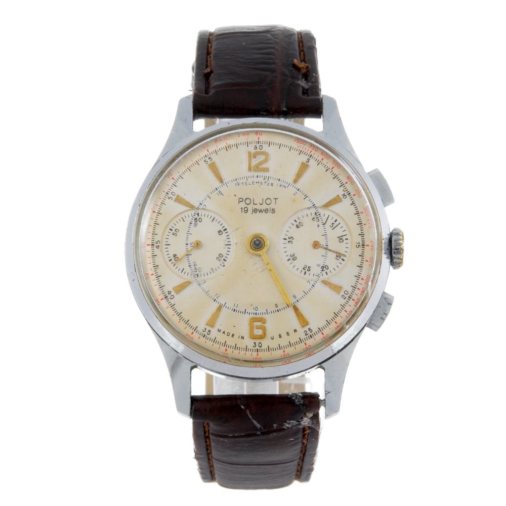 POLJOT - a gentleman's chronograph wrist watch. Base metal case with stainless steel case back.