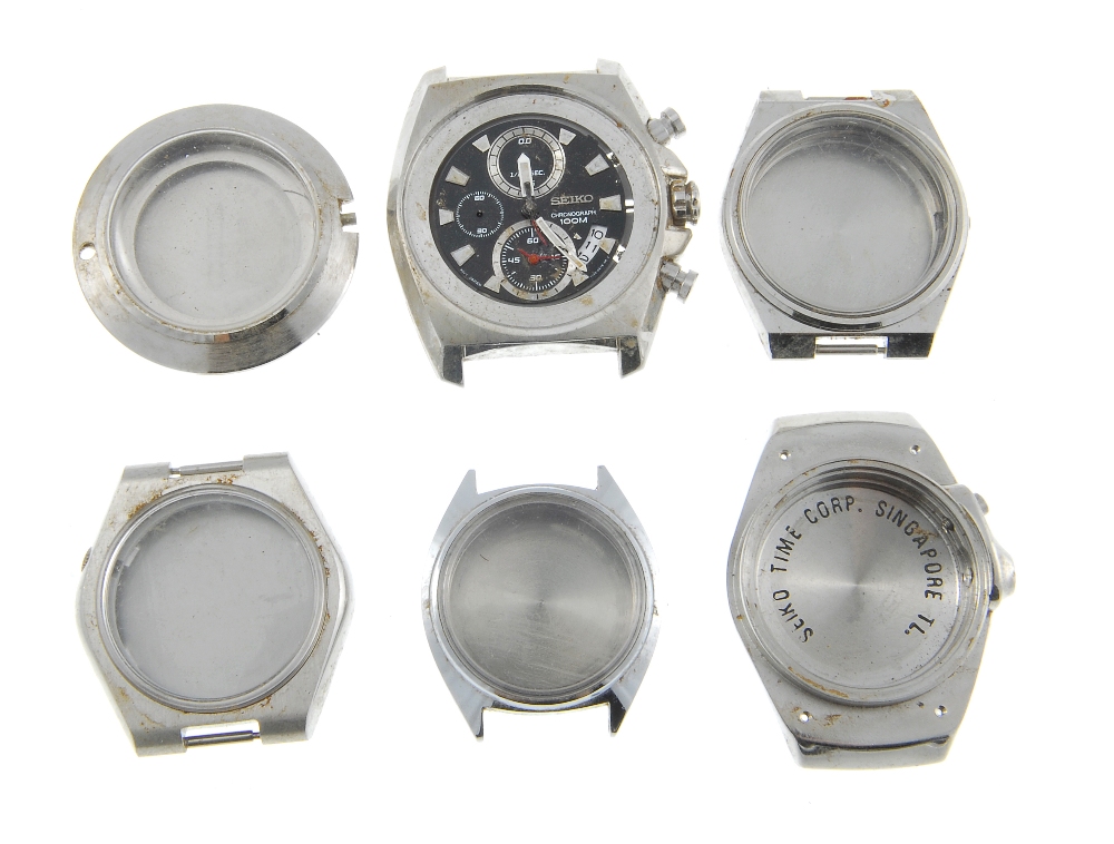 A bag of assorted stainless steel and bi-colour watch cases the majority of which are Seiko. To