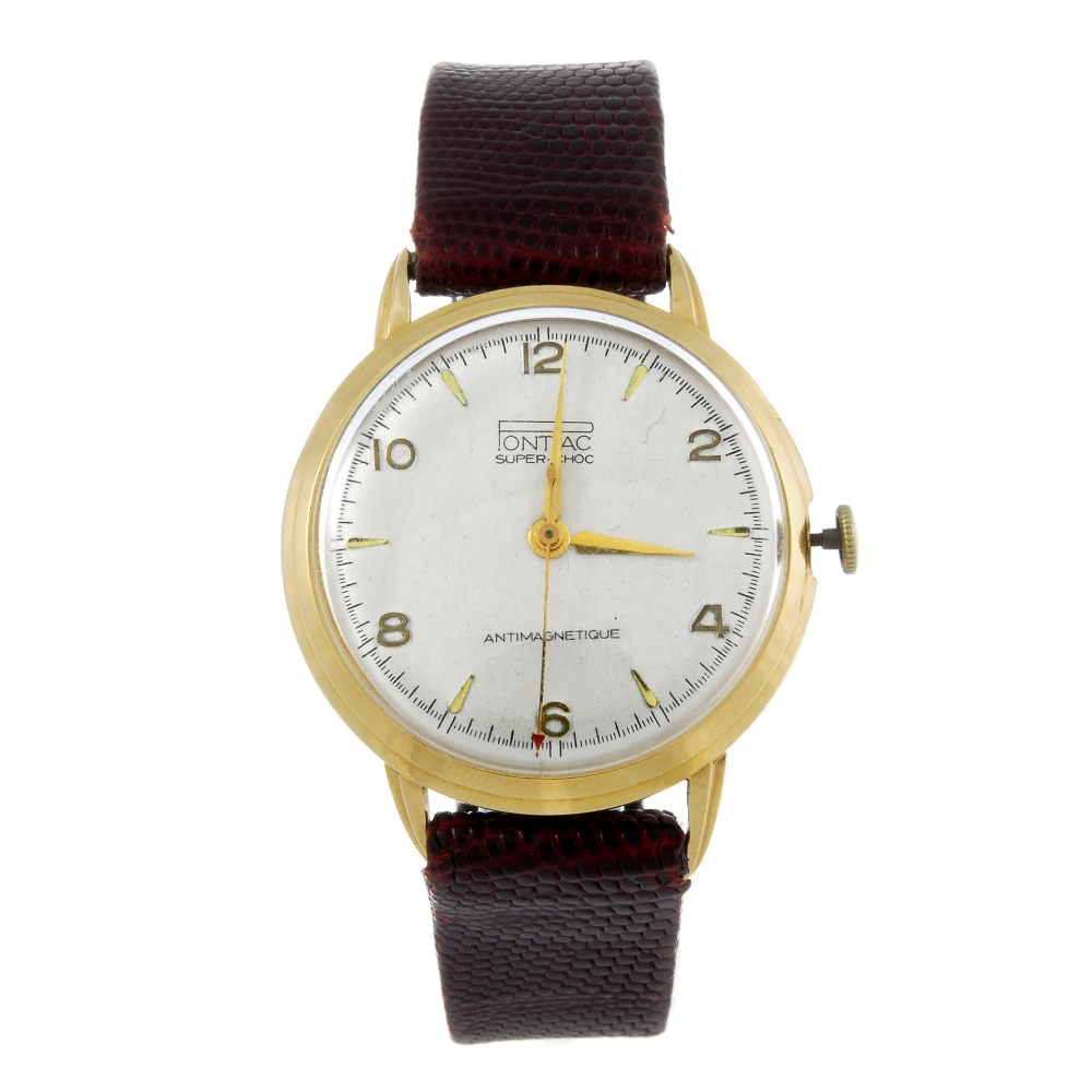 PONTIAC - a gentleman's wrist watch. Yellow metal case, stamped 18K 0,750 with poincon. Signed