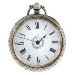 An open face pocket watch. Silver case, hallmarked Birmingham 1884. Unsigned key wind Swiss bar