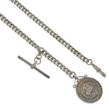 A group of Albert chains and fobs, to include eight silver chains and a gold plated example. All