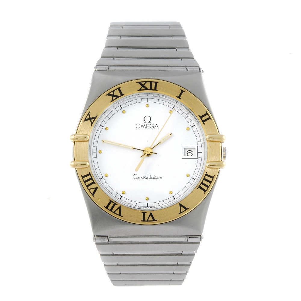 OMEGA - a gentleman's Constellation bracelet watch. Stainless steel case with yellow metal chapter