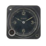 A military issue cockpit clock by Elgin. Black metal case, order number AC-26186, parts number 1776,