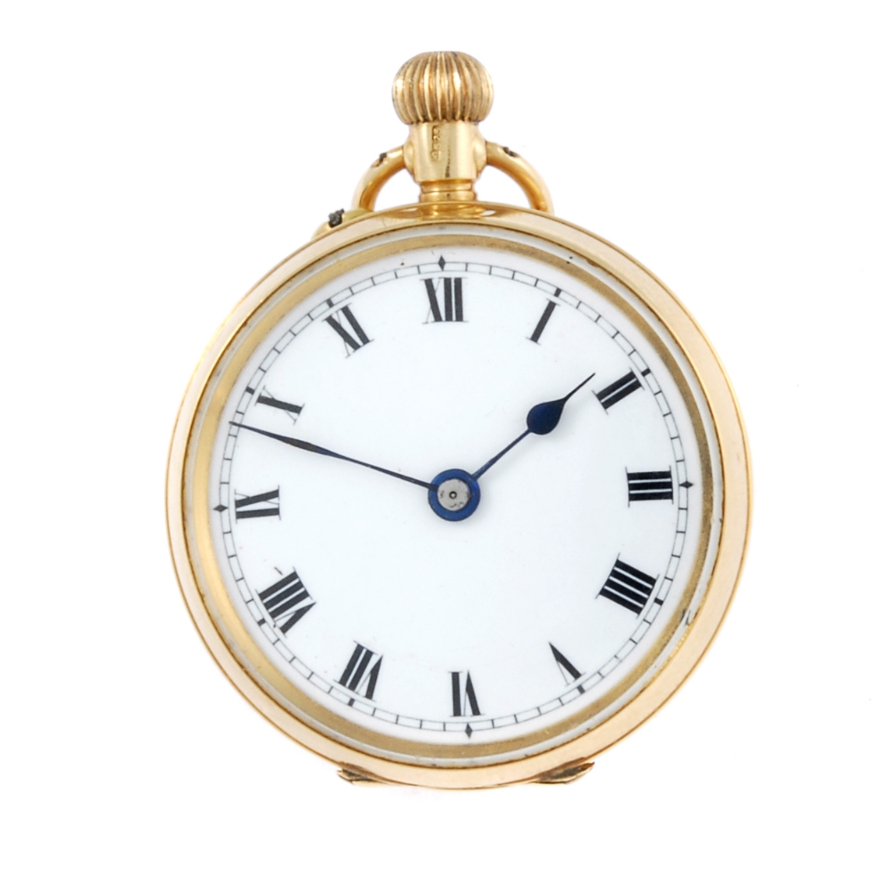 A open face fob watch. 15ct yellow gold case, import hallmark London 1912. Unsigned keyless wind