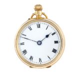 A open face fob watch. 15ct yellow gold case, import hallmark London 1912. Unsigned keyless wind