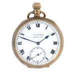 An open face pocket watch by K.R Ingram. 9ct yellow gold case with engraved cuvette, hallmarked