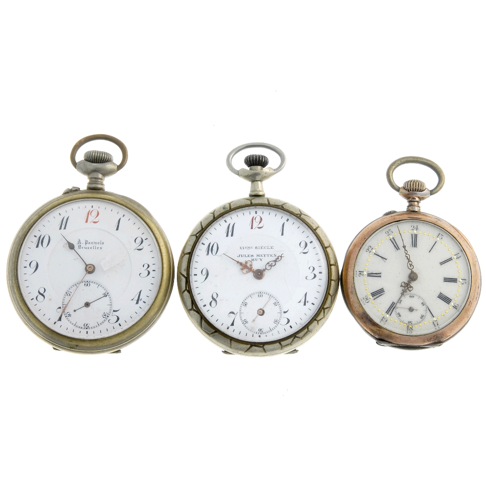 A group of six pocket watches, to include two continental white metal examples. All recommended