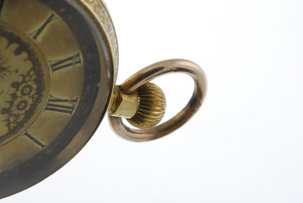 An open face pocket watch. Yellow metal case, stamped 18K with poincon. Unsigned keyless wind - Image 3 of 4