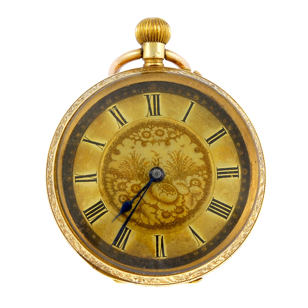 An open face pocket watch. Yellow metal case, stamped 18K with poincon. Unsigned keyless wind