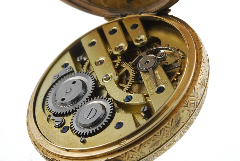 An open face pocket watch. Yellow metal case, stamped 18K with poincon. Unsigned keyless wind - Image 4 of 4