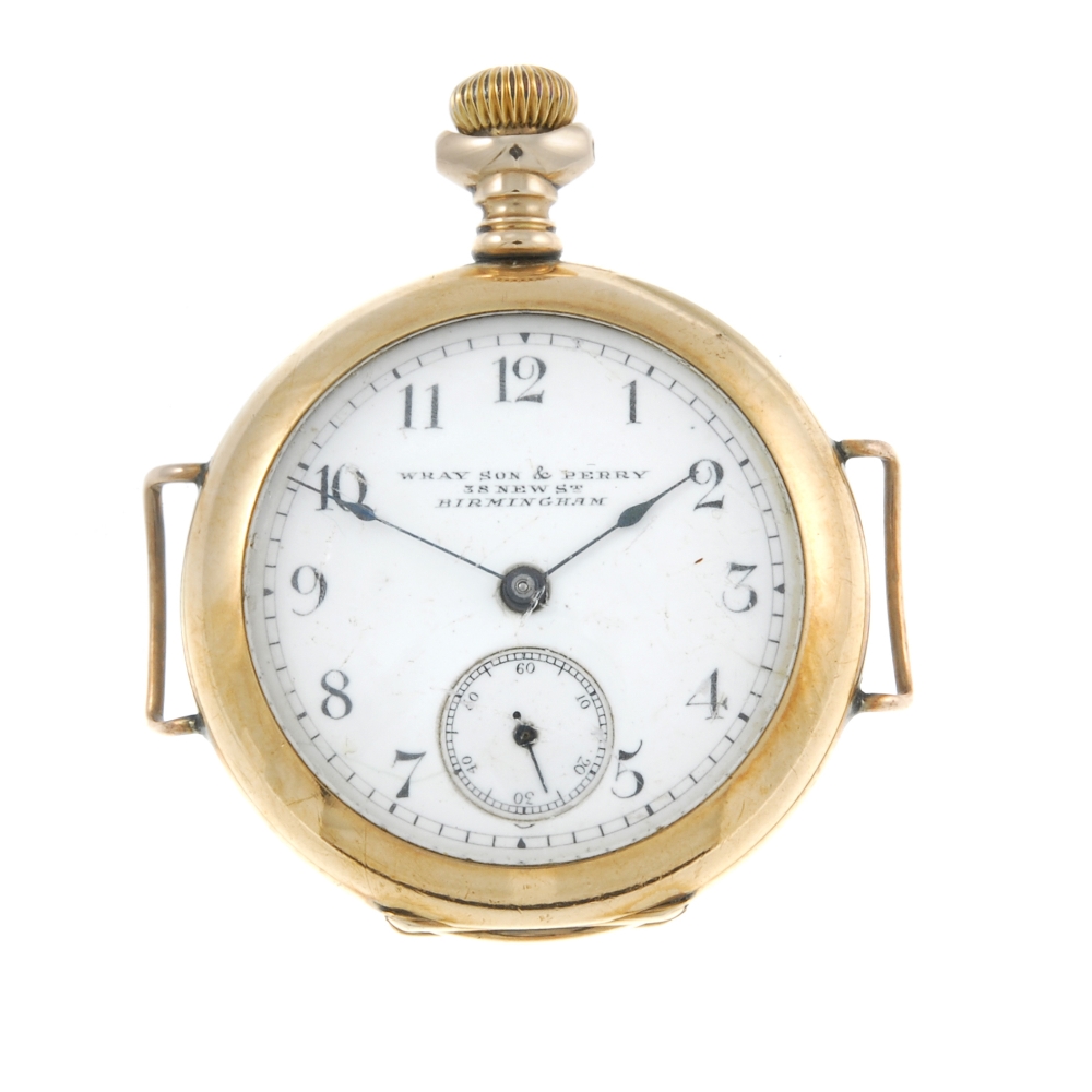 A converted wrist watch by Waltham, retailed by Wray Son & Perry. 9ct yellow gold case, hallmarked