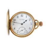 A half hunter pocket watch by W.E Johnson. Gold plated case. Unsigned keyless wind movement with