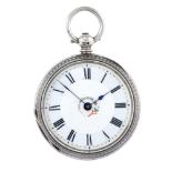 An open face pocket watch. Silver case, hallmarked London 1886. Unsigned key wind Swiss bar movement