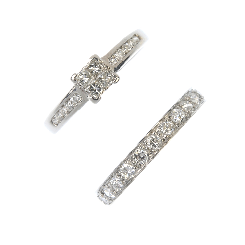 Two diamond rings. To include an old-cut diamond full-circle eternity ring, together with a square-