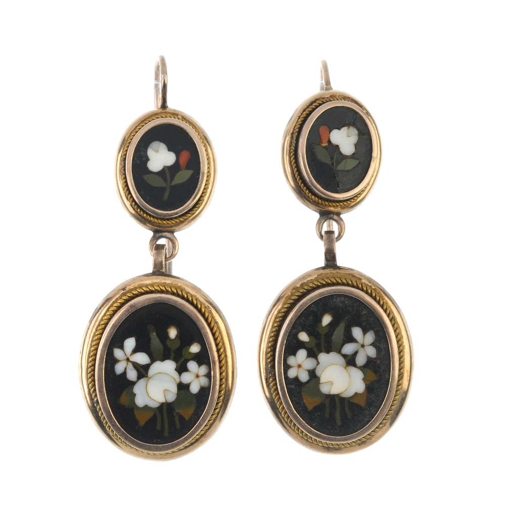 A pair of late 19th century gold pietra dura ear pendants. Each designed as two oval pietra dura