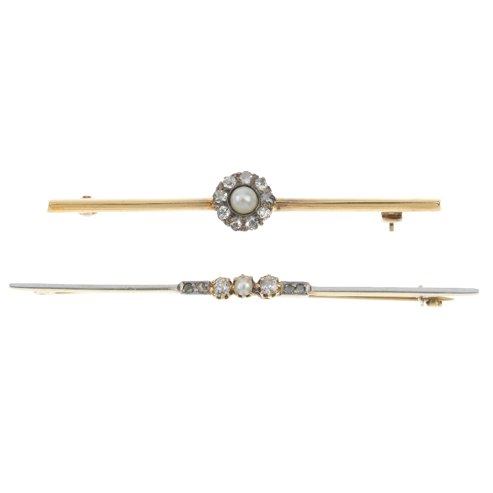 Two early 20th century diamond and split pearl bar brooches. To include a split pearl and old-cut