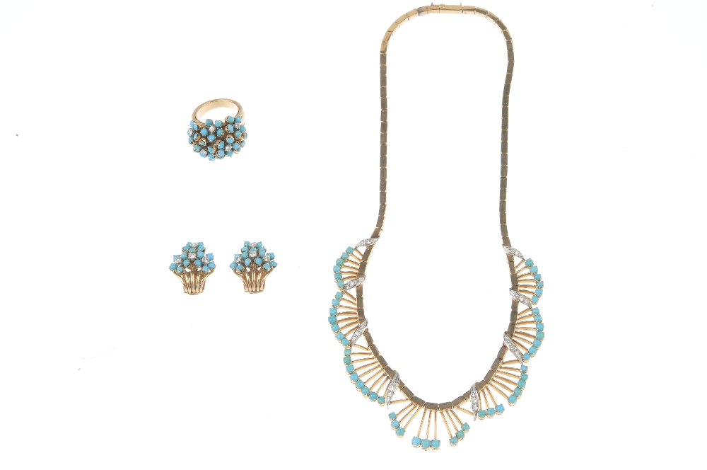 A set of turquoise and diamond jewellery. The necklace designed as a circular turquoise cabochon - Image 2 of 2