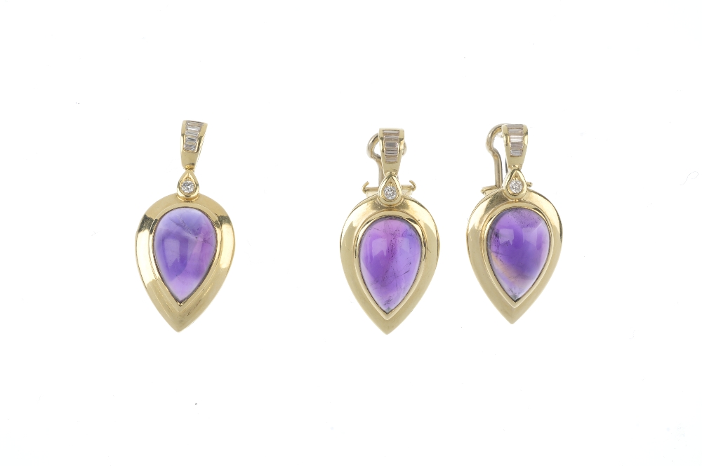 A set of amethyst and diamond jewellery. The pendant designed as a pear-shape amethyst cabochon, - Image 3 of 3