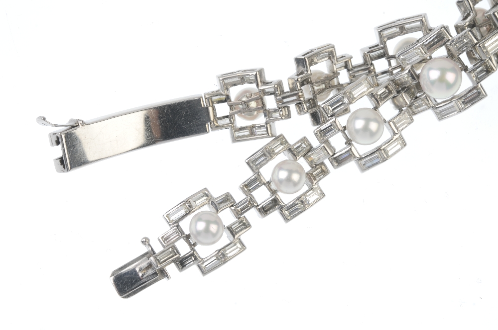 A cultured pearl and diamond bracelet. Of geometric design, the graduated cultured pearls, measuring - Image 3 of 4
